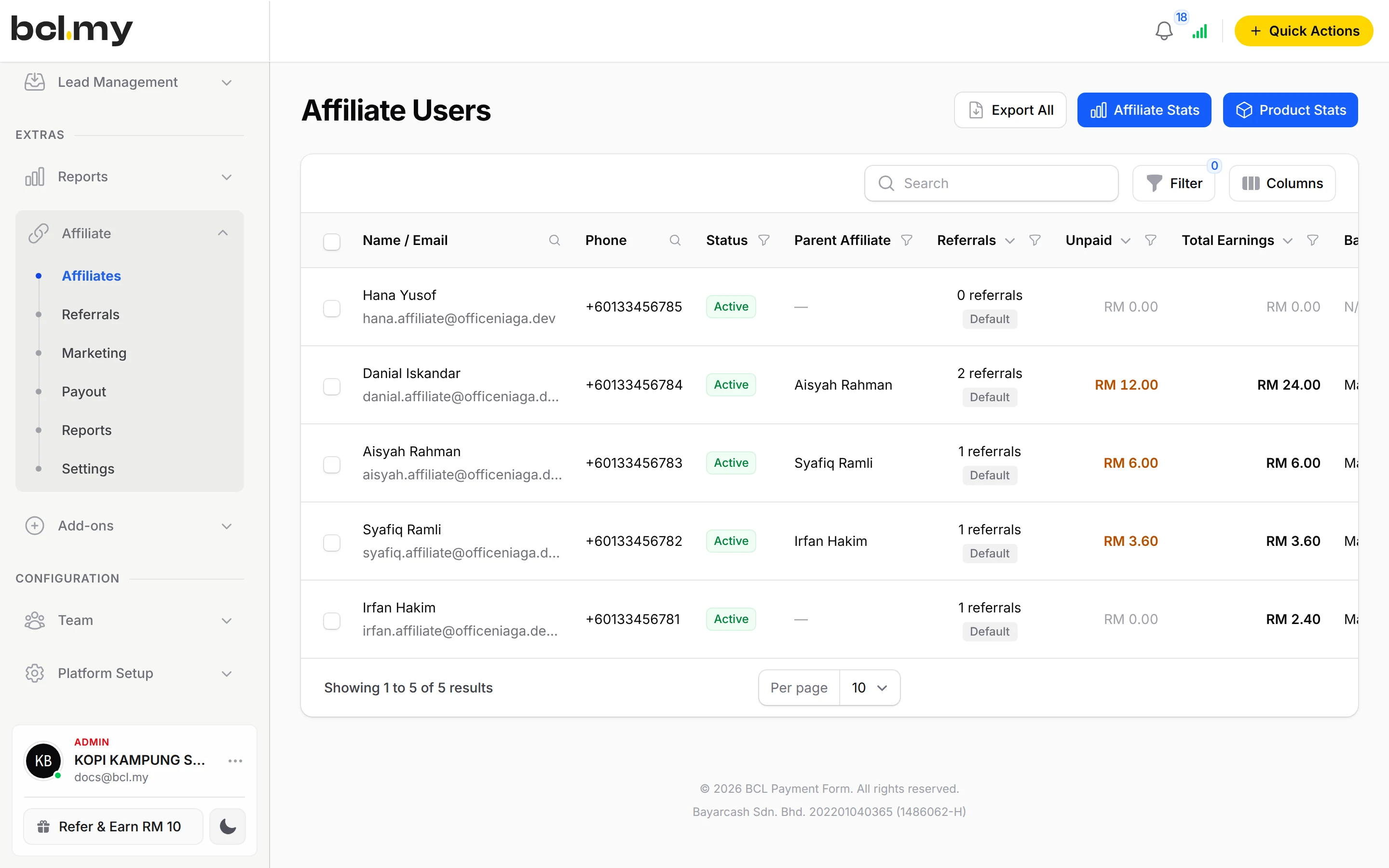 Affiliate Users with referrals and earnings
