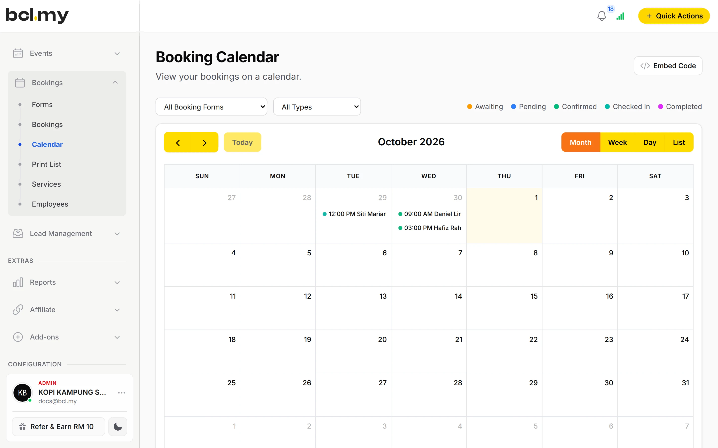 Booking Calendar for the month