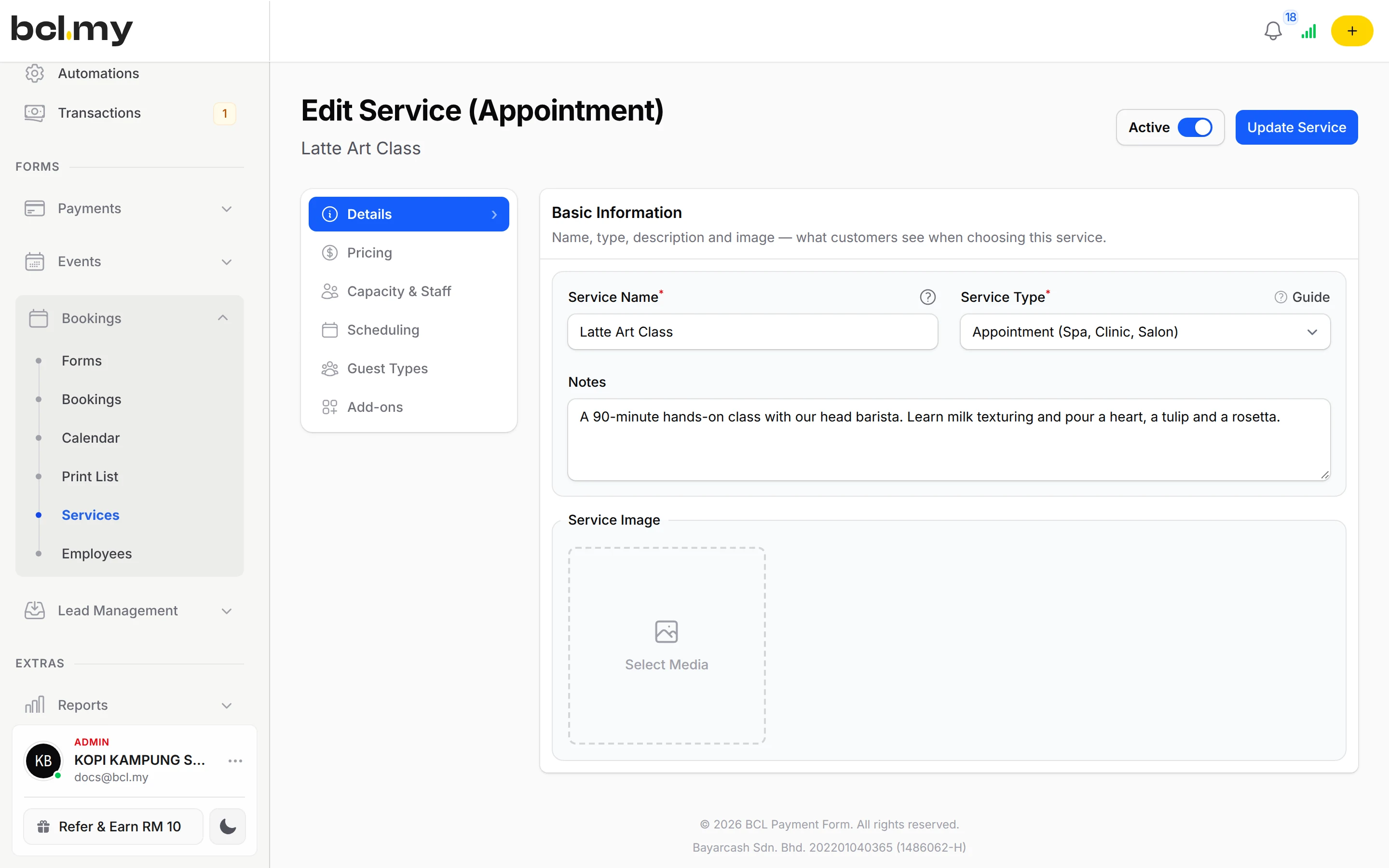 Edit Service: an Appointment service with details and pricing