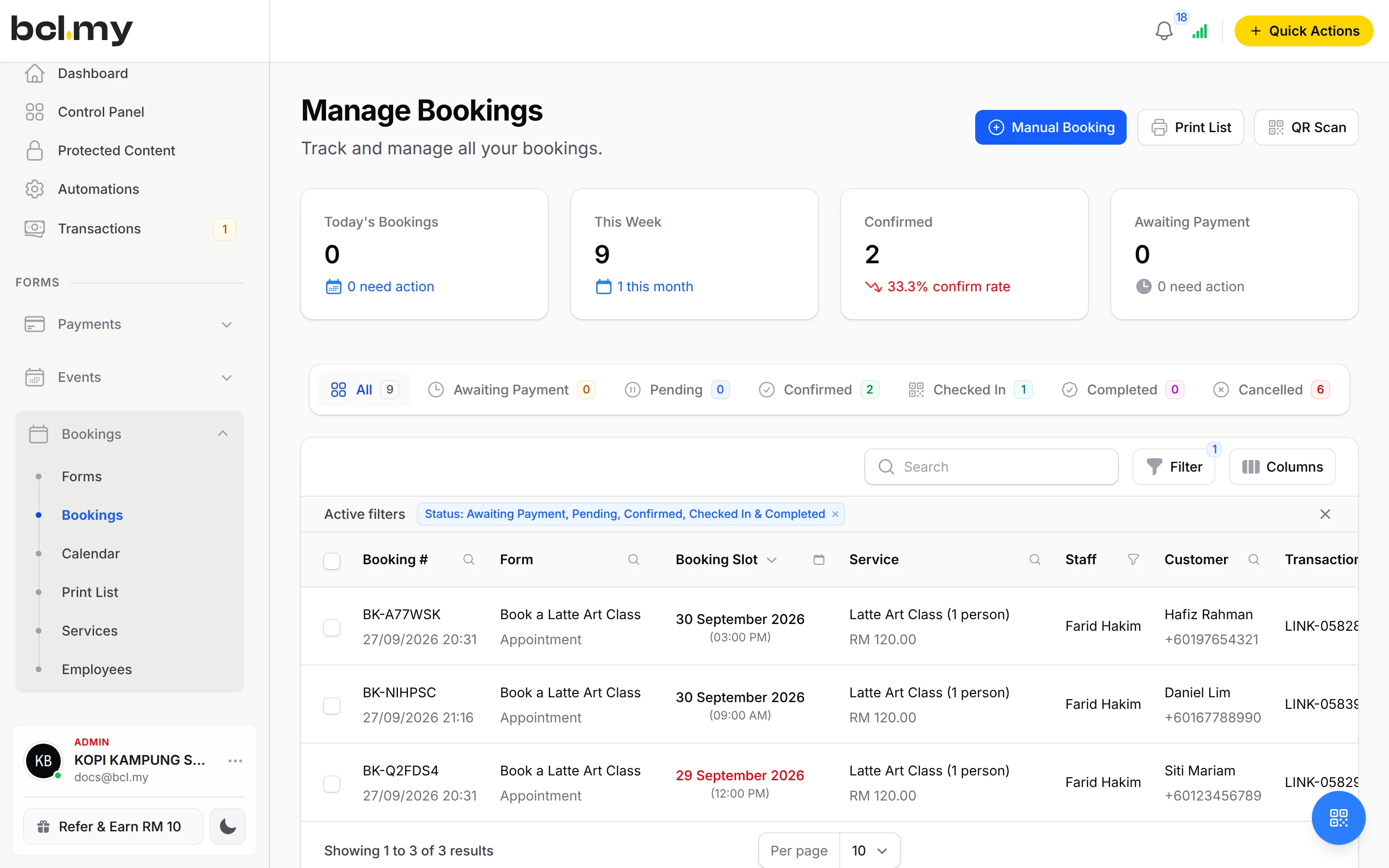 Manage Bookings with slot, service, staff and customer