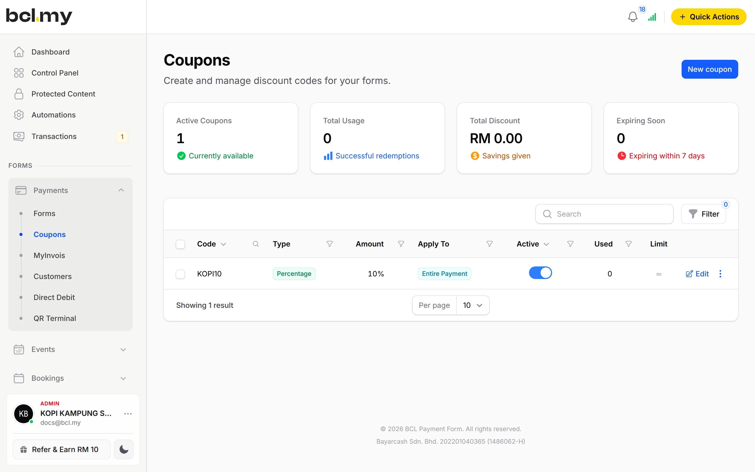 Coupons with usage and savings given