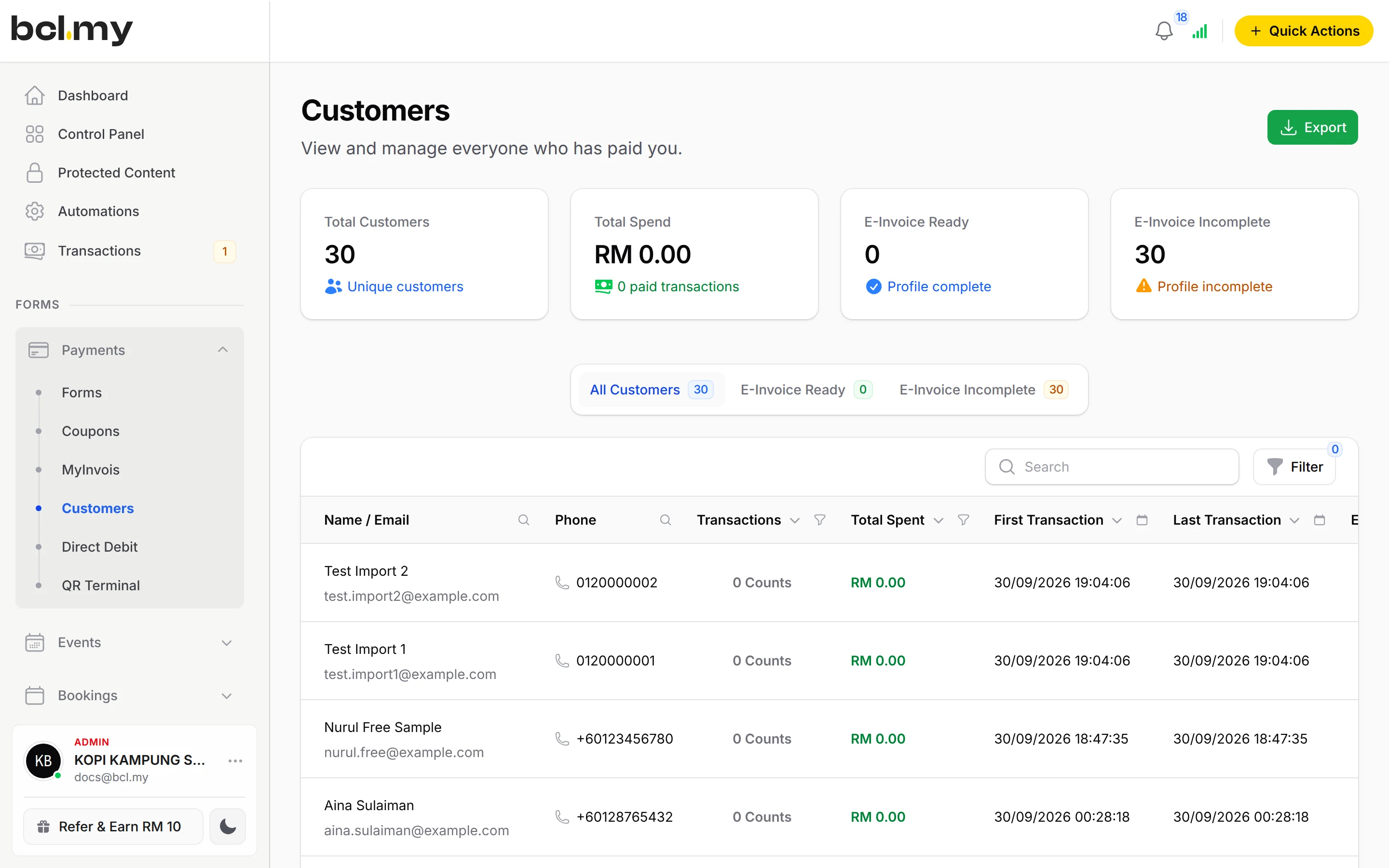 Customers with spend and e-invoice details