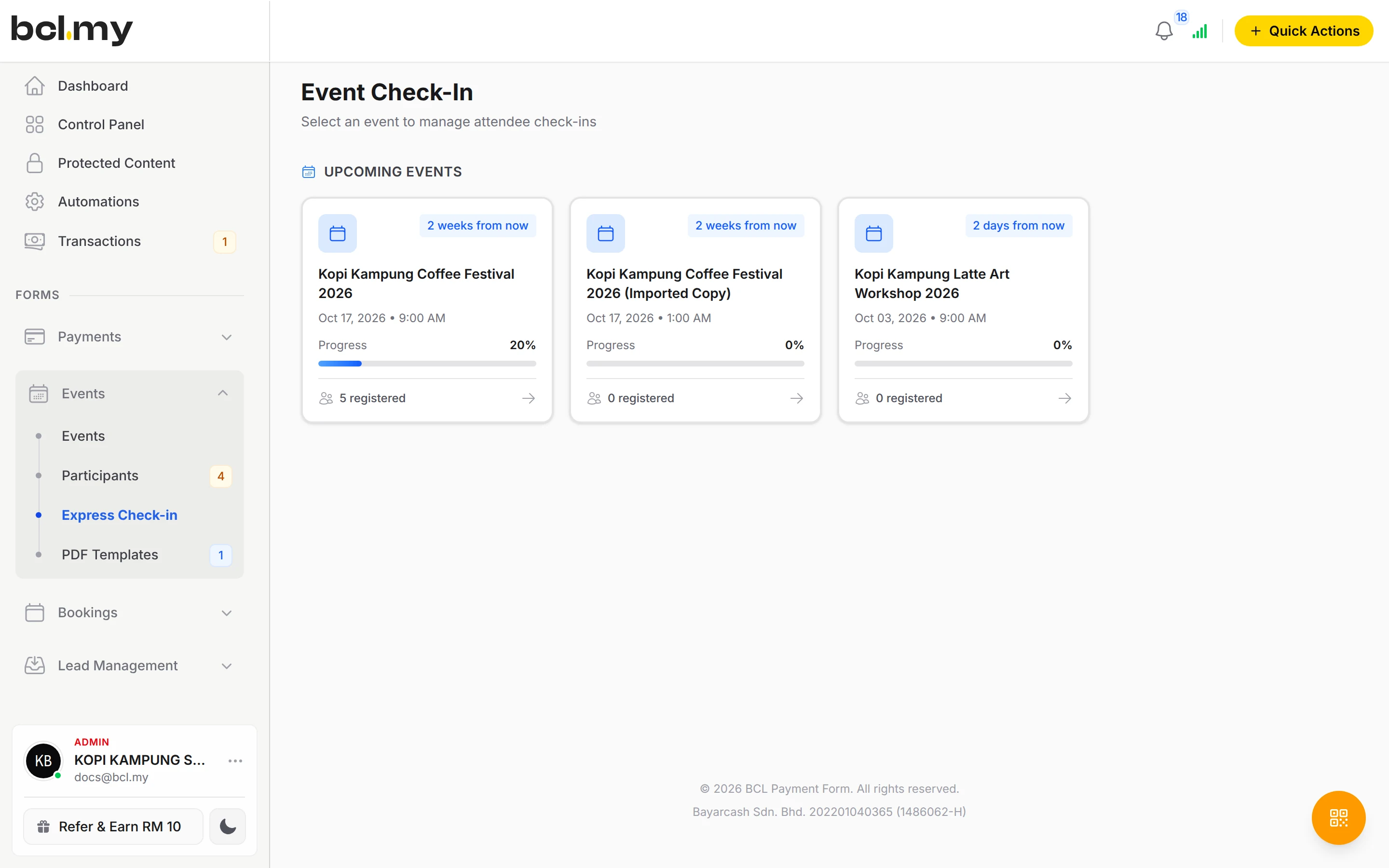 Express Check-in for upcoming events