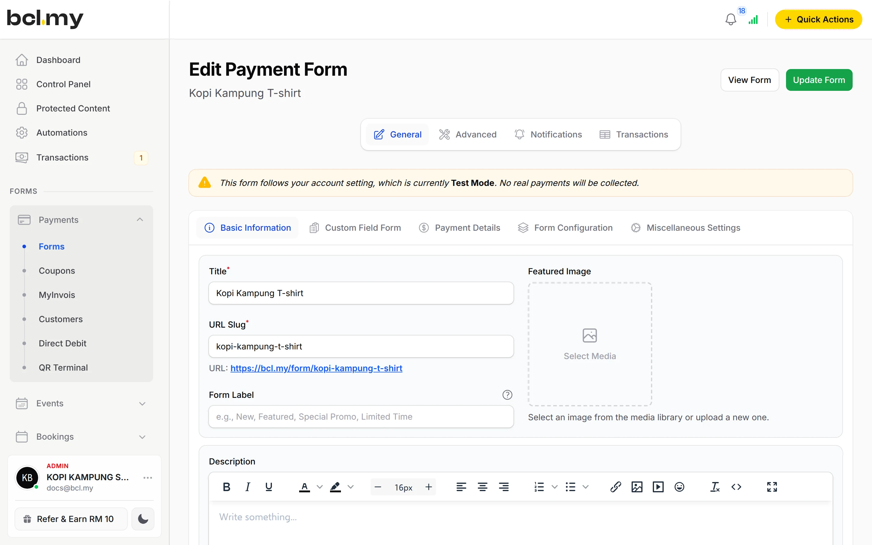 Edit Payment Form: title, slug and items for a T-shirt with variations