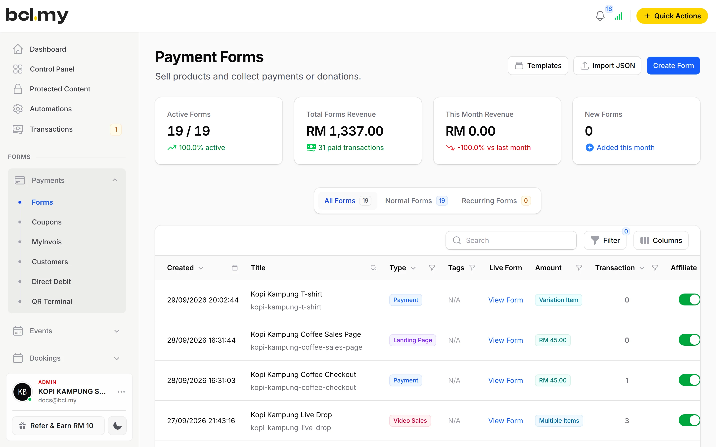 Payment Forms with revenue per form