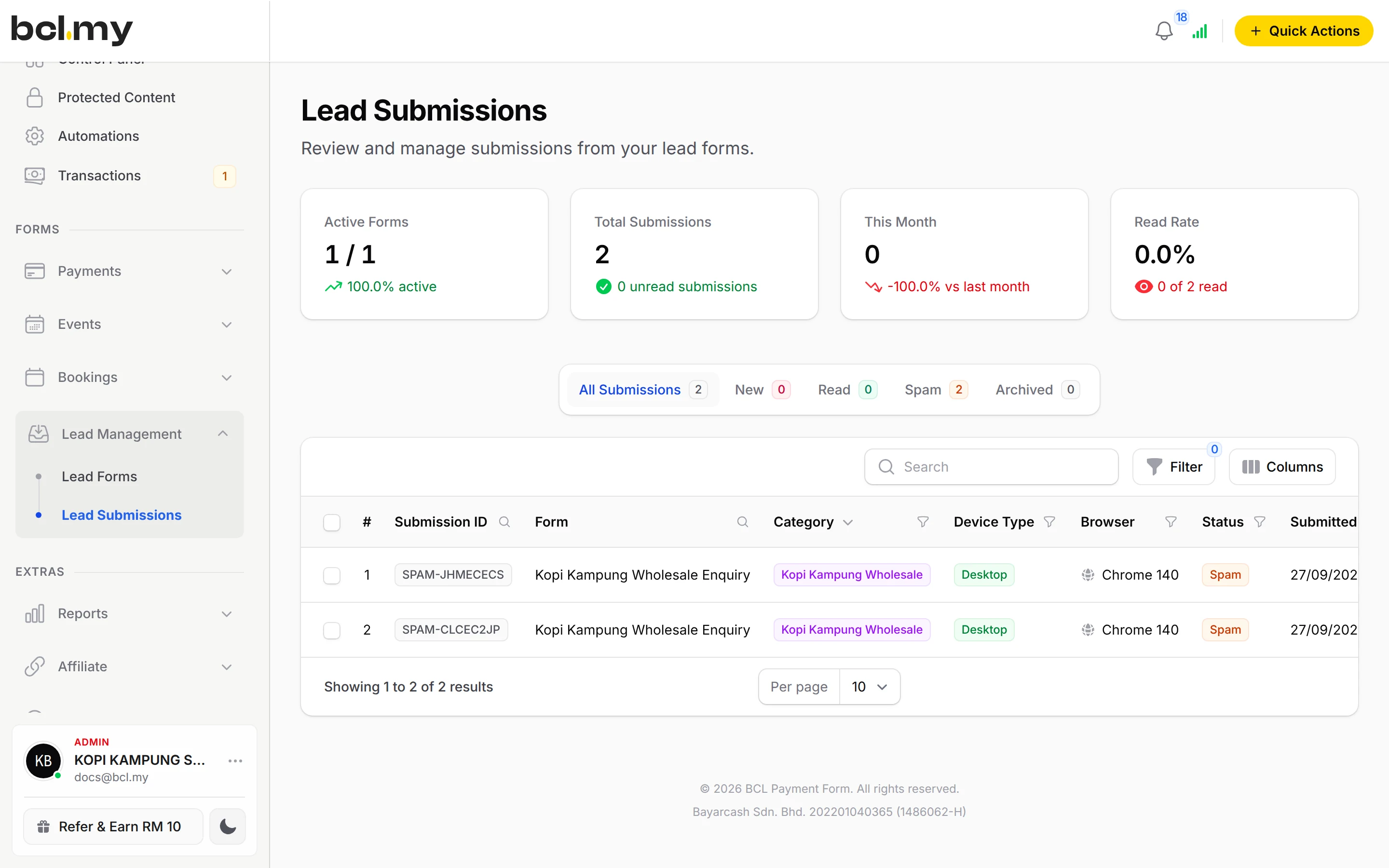 Lead Submissions from your lead forms
