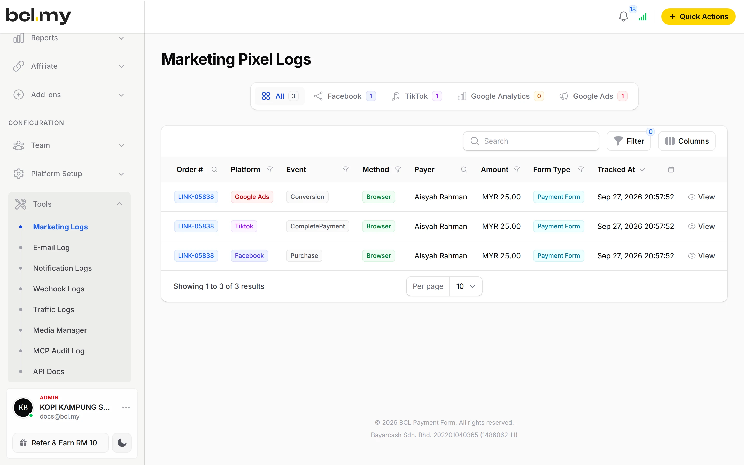 Marketing Pixel Logs for Facebook, TikTok and Google