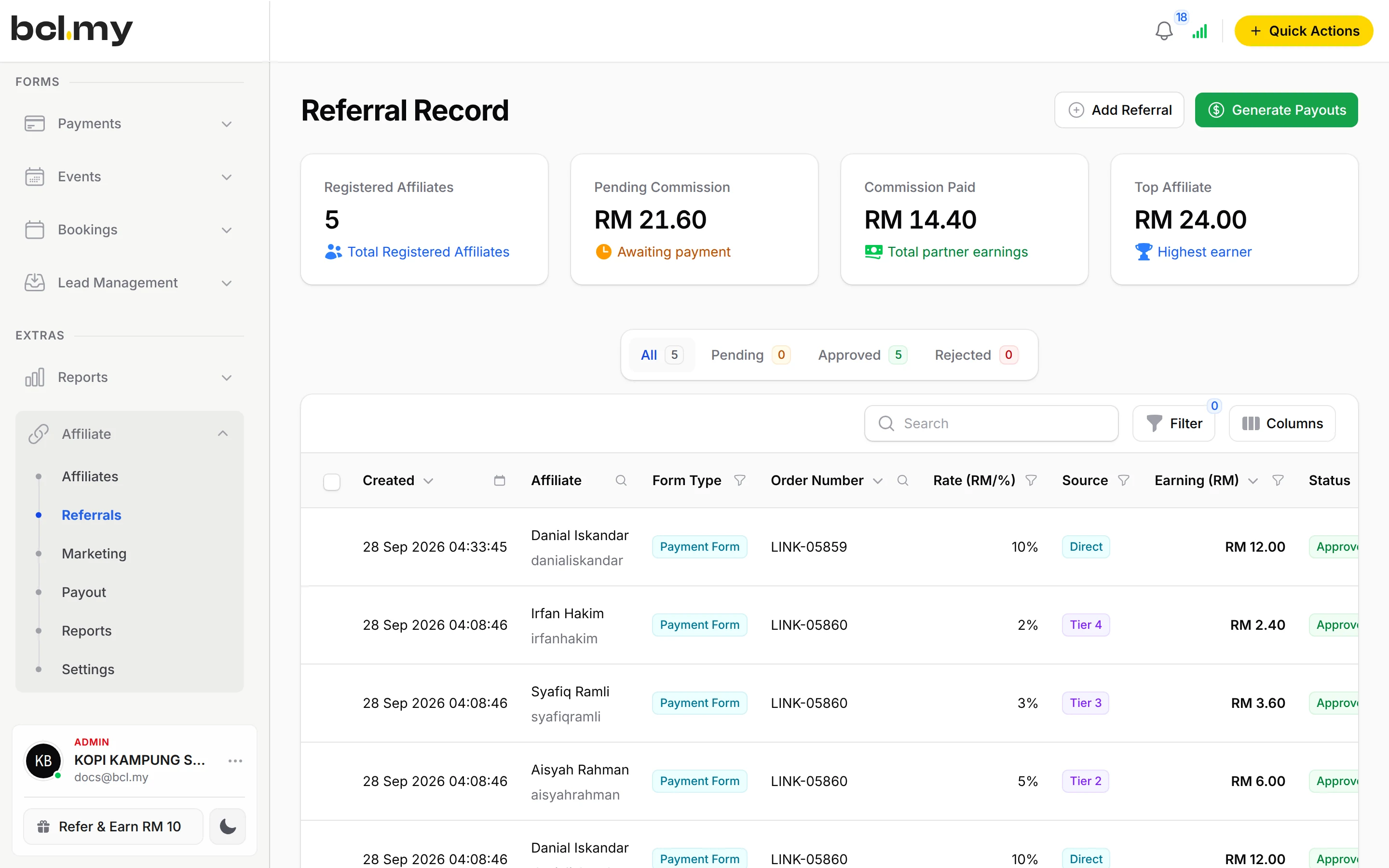 Referral Record with commission per sale