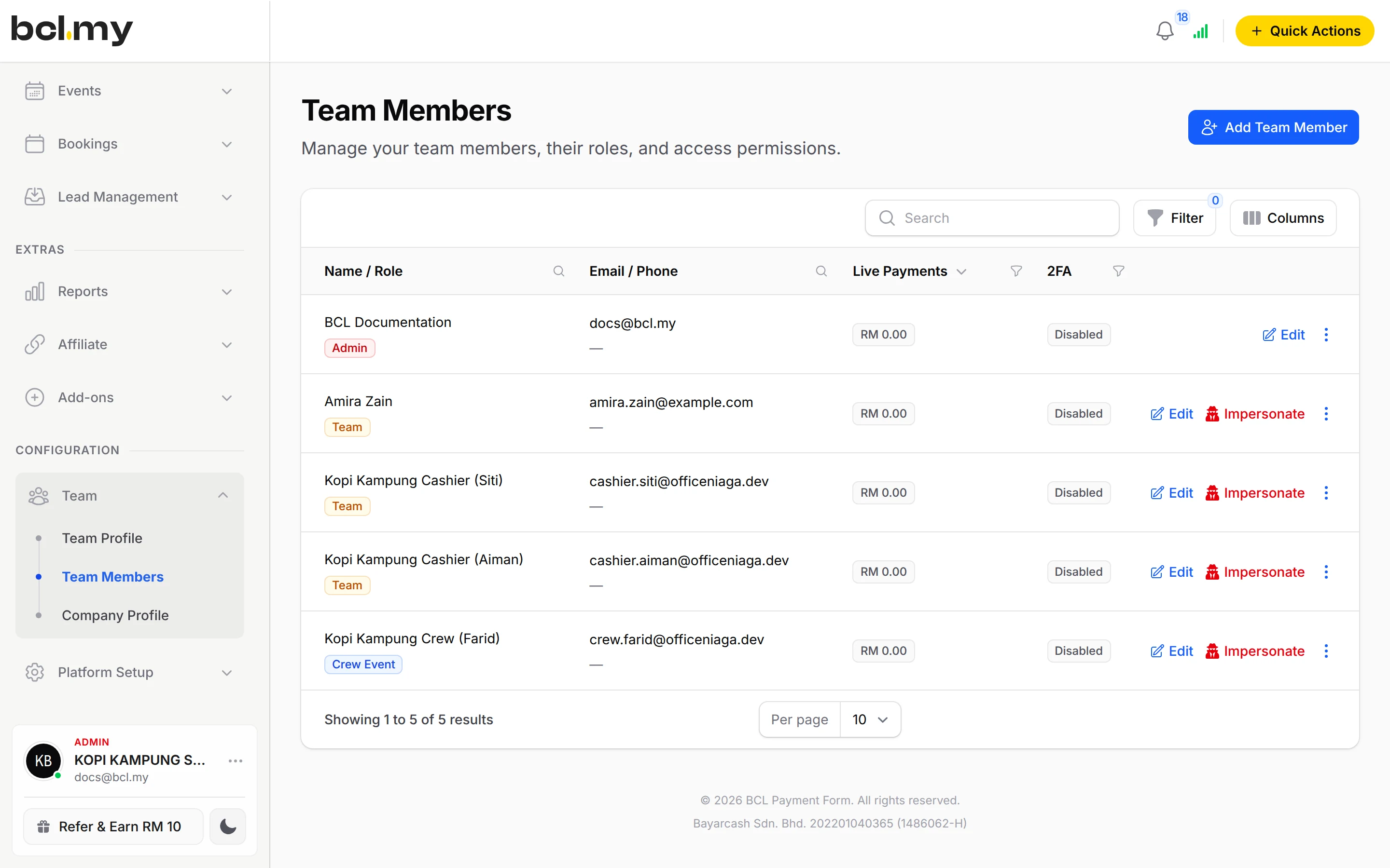 Team Members with roles
