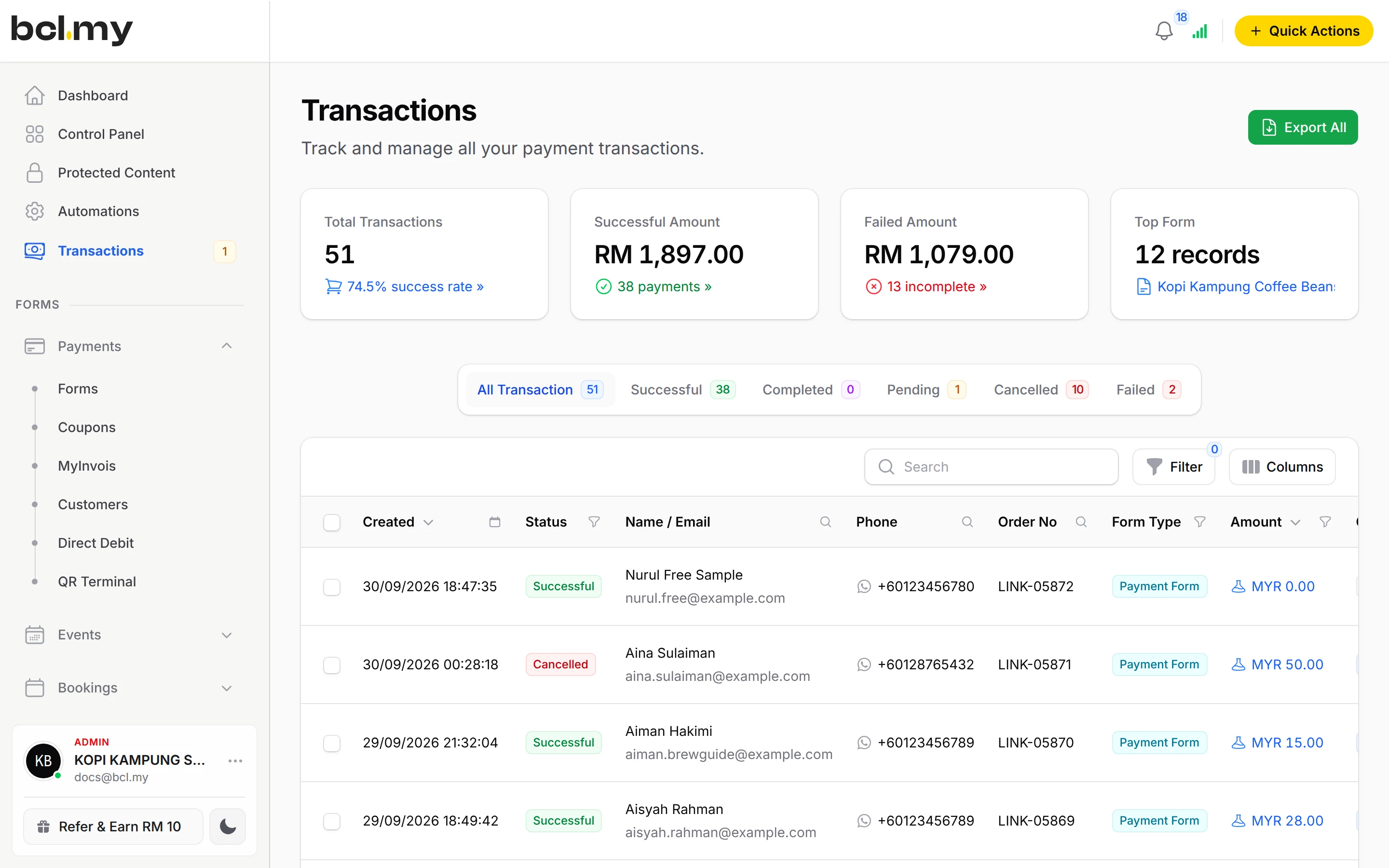 Transactions: every payment in one list
