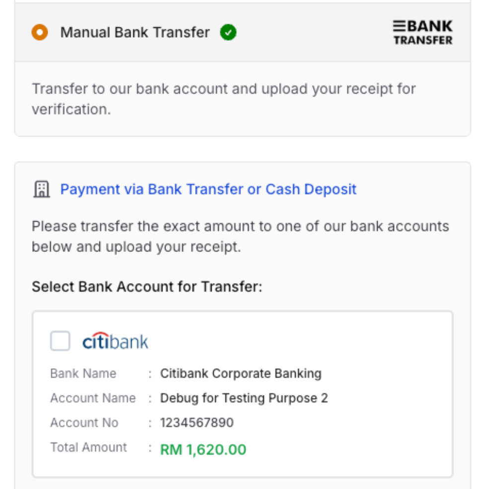Manual bank transfer
